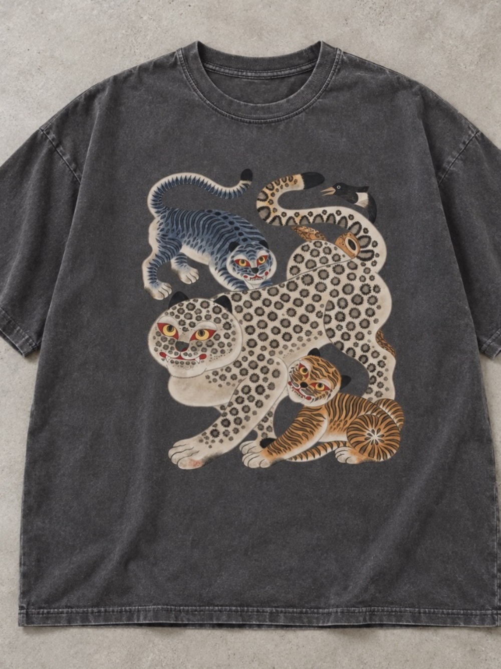 Leopards Tigers Folk Art Traditional Animals Vintage Charcoal T-Shirt